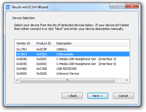 INF-wizard device selection