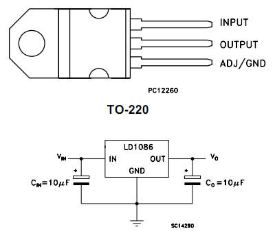 LD1086 Pin ordering and example circuit