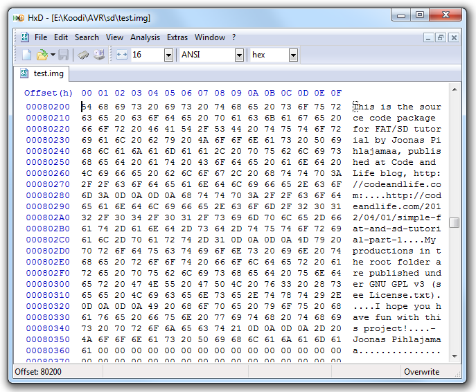 Viewing README.TXT with hex editor